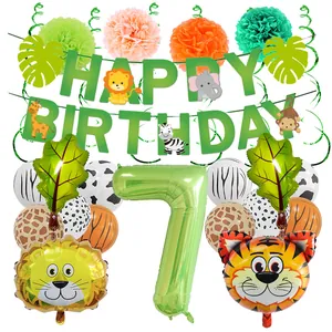 Kit 7 compleanno tema giungla con palloncini animali e ghirlande verdi
