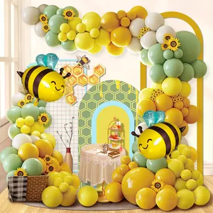 Bee themed balloon arch kit with yellow and green latex balloons and bee foil balloons