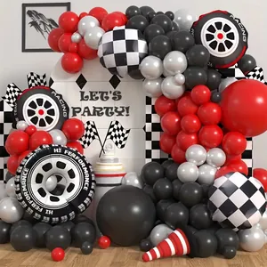 Rennwagen Ballonbogen Set Rot Schwarz Weiß Silber Zielflagge Reifen Folienballons Für Jungen Geburtstag Party Dekoration