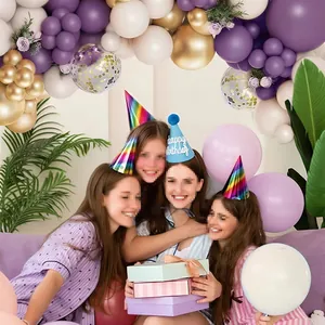 Purple and gold balloon arch kit with white accents for birthday party decorations