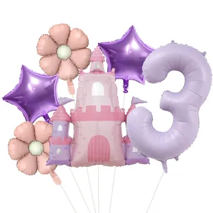 Set de ballons château rose et chiffre 3 violet pour décoration d'anniversaire de fille