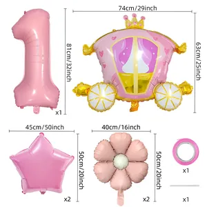 Pink princess carriage and number 1 foil balloon set for girl's first birthday party decor