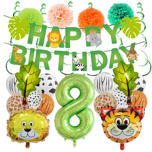 Set compleanno giungla con striscione Happy Birthday, palloncino numero 8 e animali