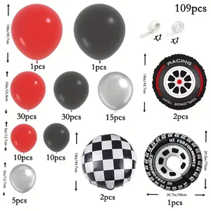 Rennwagen-Ballonbogen-Set mit 109 Teilen inklusive roten schwarzen Reifen- und Karo-Ballons