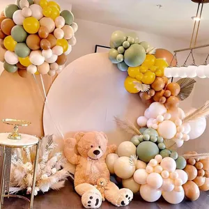 Daisy theme balloon arch kit in sage green and mustard yellow with dried palm leaves