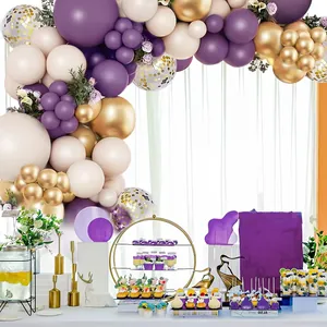 Elegant purple and gold balloon arch kit with floral accents for wedding party decor