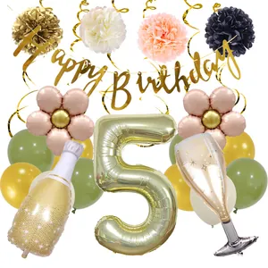 Birthday party set with champagne foil balloon, gold banner and number 5 balloon