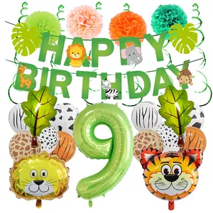 Dettagli del set compleanno giungla con palloncini leone tigre e numero nove verde