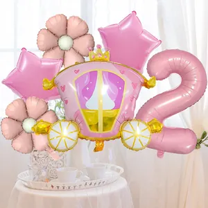Pink princess carriage balloon set with number 2 and daisy stars for birthday party