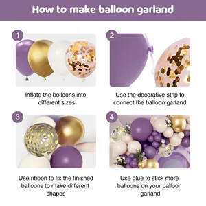 DIY balloon garland kit with purple gold balloons and assembly instruction guide