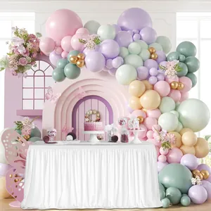 Elegant white pleated table skirt for party decorations with macaron balloon garland decor