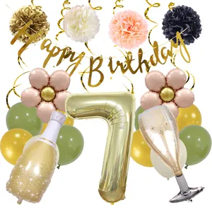 Detail view of champagne balloon set with Happy Birthday banner and golden paper pom-poms