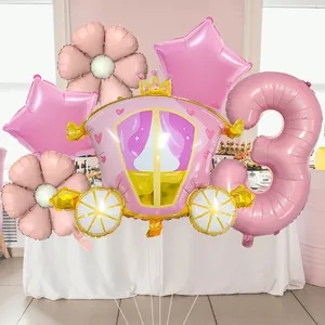 Pink princess carriage balloon set with number 3 and daisy balloons for party decor