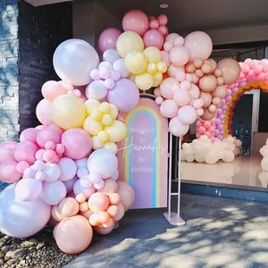 Pastel macaron balloon arch kit with pink and yellow balloons for birthday party decor