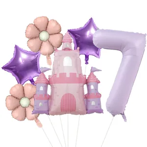 Détail du lot de 6 ballons château de princesse avec chiffre 7 violet et marguerites