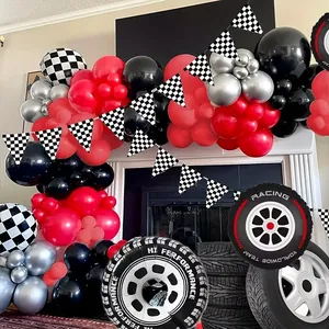 Rennwagen Ballonbogen-Set mit karierten Flaggen und Reifen-Folienballons für Geburtstage