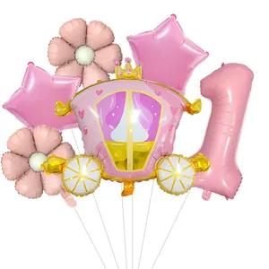 Pink princess carriage and number one balloon set for girl's first birthday party decor
