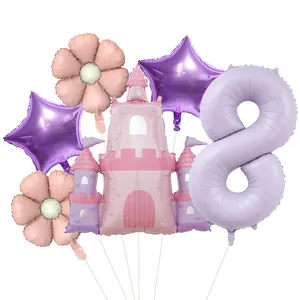 Détail du kit de ballons château de princesse rose et chiffre 8 violet pour fête