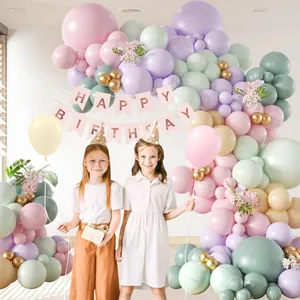 Pastel macaron balloon garland kit with Happy Birthday banner and golden accents