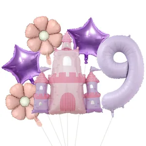 Set de ballons château et marguerite avec grand chiffre 9 lavande pour fête d'enfant