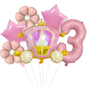 Pink princess carriage balloon set with number 3 and daisies for birthday party decor