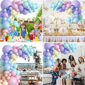 Pastel macaron balloon arch kit in pink, blue and yellow for birthday party decoration