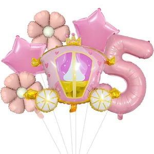 Pink princess carriage balloon set with number five for a 5th birthday party decor