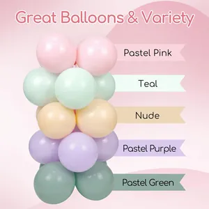 Detailed palette of macaron latex balloons in pastel pink, teal, nude, purple, and green