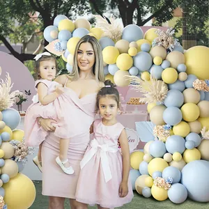 Detail der cremefarbenen Luftballongirlande mit Trockenblumen und blauen Blättern für Babyparty