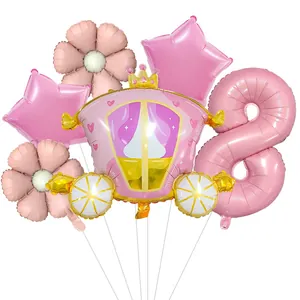 Pink princess pumpkin carriage balloon set with flowers and large number 8 for birthday