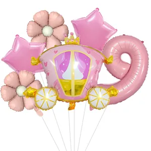 Pink princess carriage and number 9 balloon set for girls 9th birthday party decoration