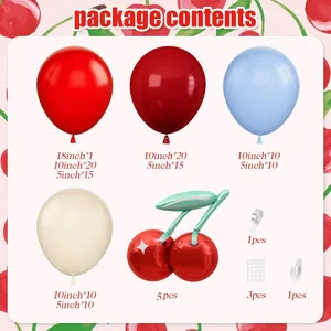 Liste détaillée du kit guirlande de ballons cerise avec tailles variées et accessoires