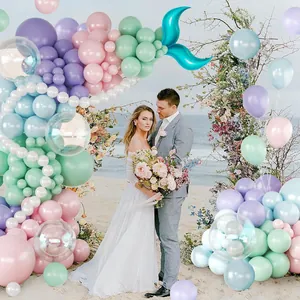 Mermaid theme balloon arch kit with pastel purple and teal latex balloons for beach wedding