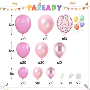 Dettagli del kit arco di palloncini rosa con varie dimensioni e accessori di montaggio