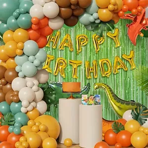 Dschungel Dinosaurier Geburtstagsdeko Set mit grünem Ballonbogen und Palmblättern