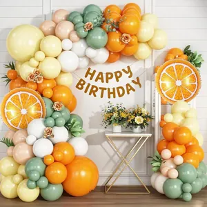 Kit guirlande ballons thème orange avec bannière Happy Birthday et ballons fruits en alu