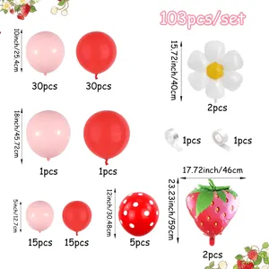 Détail du kit guirlande de ballons fraise 103 pièces avec tailles et quantités
