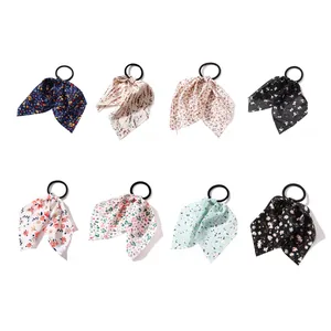Set of 8 floral bow hair scrunchies with vibrant patterns and high elasticity bands