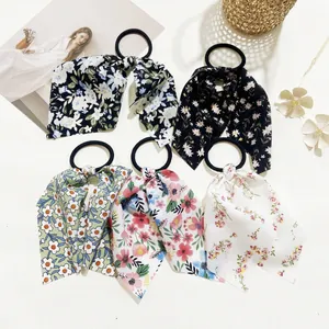 Floral Print Bow Hair Tie With Long Streamer Ribbon Chiffon Fabric Elastic Hair Band Scrunchie For Women Girls Daily Styling