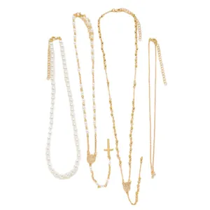 Vierteiliges goldenes Lagenhalsketten-Set mit Perlen, Kreuz und Medaillenanhängern