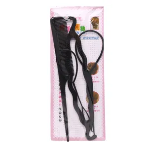 Black hair styling tool set with comb and loop tools for quick braiding on pink card