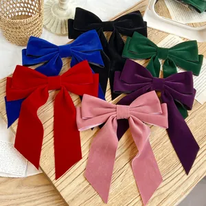 Large Velvet Bow Hair Clip Long Ribbon Tail Hairpin For Women French Vintage Style Elegant Headwear Party Wedding Hair Accessories