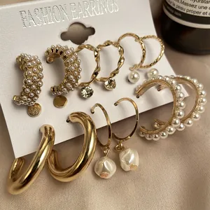 French vintage style gold pearl hoop earring set with 6 pairs of assorted designs