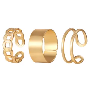 Set de 3 anillos dorados ajustables con eslabones cubanos, banda ancha y diseño doble
