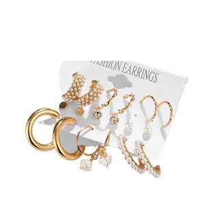 French vintage gold hoop earrings set with pearls and rhinestones, 6 pairs collection
