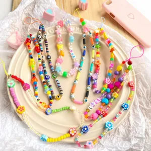 Handmade Colorful Beaded Phone Lanyard Polymer Clay Love Heart Star Evil Eye Artificial Pearl Anti-loss Phone Case Strap For Women