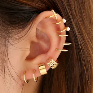 Gold non-pierced pearl ear cuffs and huggie hoop earrings set for cartillage decoration