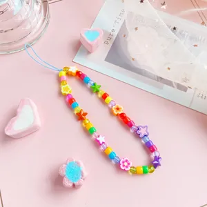 Colorful beaded phone charm with stars and flower accents for women's keychains
