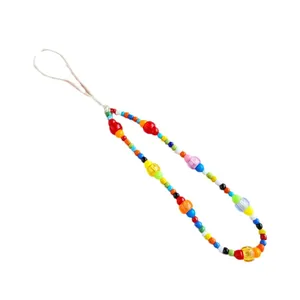 Handmade colorful beaded phone lanyard with vibrant rainbow acrylic beads and translucent accents