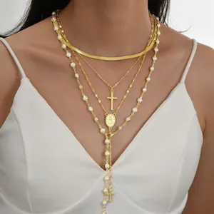 Collier Multi Rangs Vintage Plaqué Or Avec Chaîne Serpent Pendentif Croix Médaille Vierge Marie Et Künstliche Perle Fantaisie Bijoux Pour Femmes